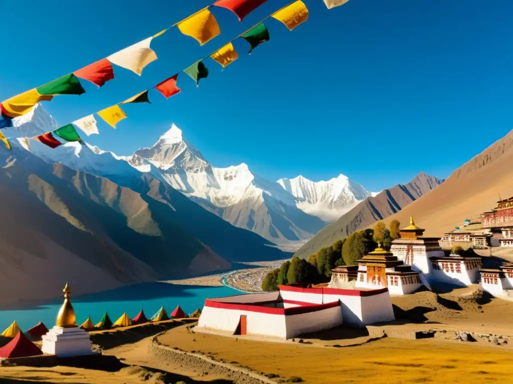 Imagen de alta resolución de un paisaje sereno del Himalaya, con picos nevados, banderas de oración y un monasterio tranquilo