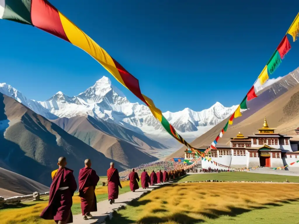 Imagen de retiro espiritual en el Himalaya, con monasterio tibetano, caligrafía y banderas de oración