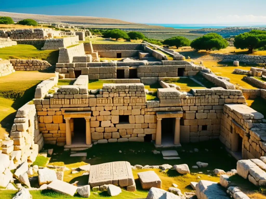 Imagen de las ruinas antiguas de Ugarit, con inscripciones y carvings en las paredes de piedra