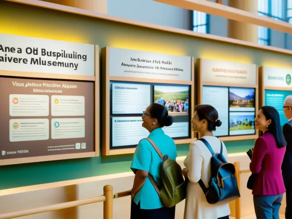 Una imagen sepia de un animado salón de exposiciones de museo multilingüe, con visitantes diversos disfrutando del contenido educativo y cultural