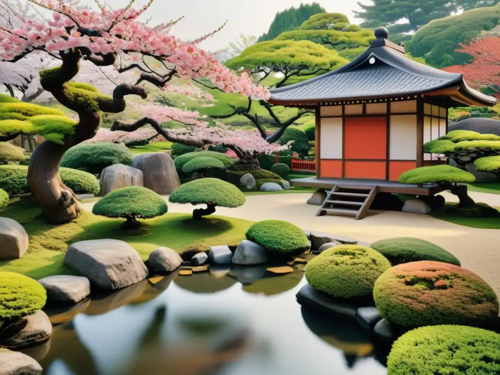 Imagen 8k de jardín japonés sereno con casa de té, bonsáis y samurái practicando caligrafía, ideal para cursos de caligrafía japonesa samurái