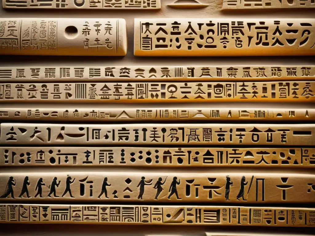 Una imagen vintage de antiguas civilizaciones y sistemas de escritura, con detalles de jeroglíficos, cuneiforme y escritura china