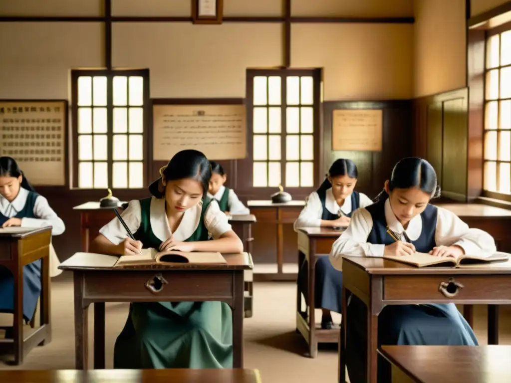 Imagen vintage de aula colonial en Asia, con estudiantes practicando caligrafía bajo la atenta mirada de su maestro