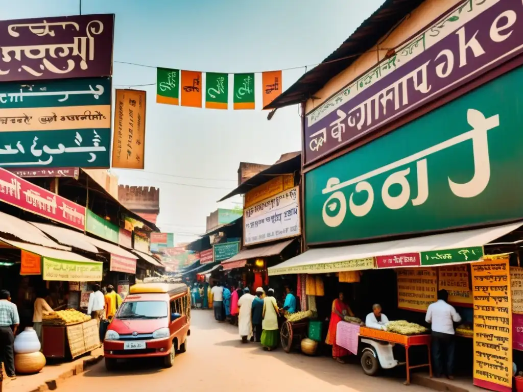 Imagen vintage de un bullicioso mercado indio con variadas escrituras y lenguajes, evocando la riqueza de la India y su exploración cultural