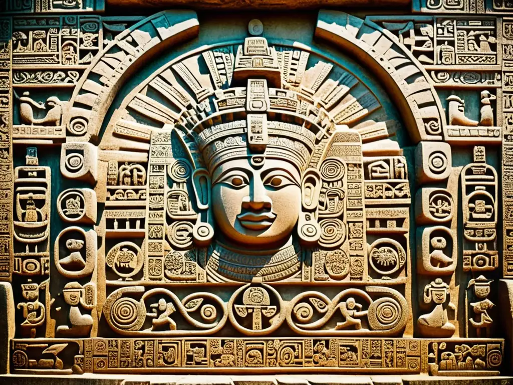 Imagen vintage de una estela maya con intrincadas carvings y glyphs que narran escenas históricas y mitológicas