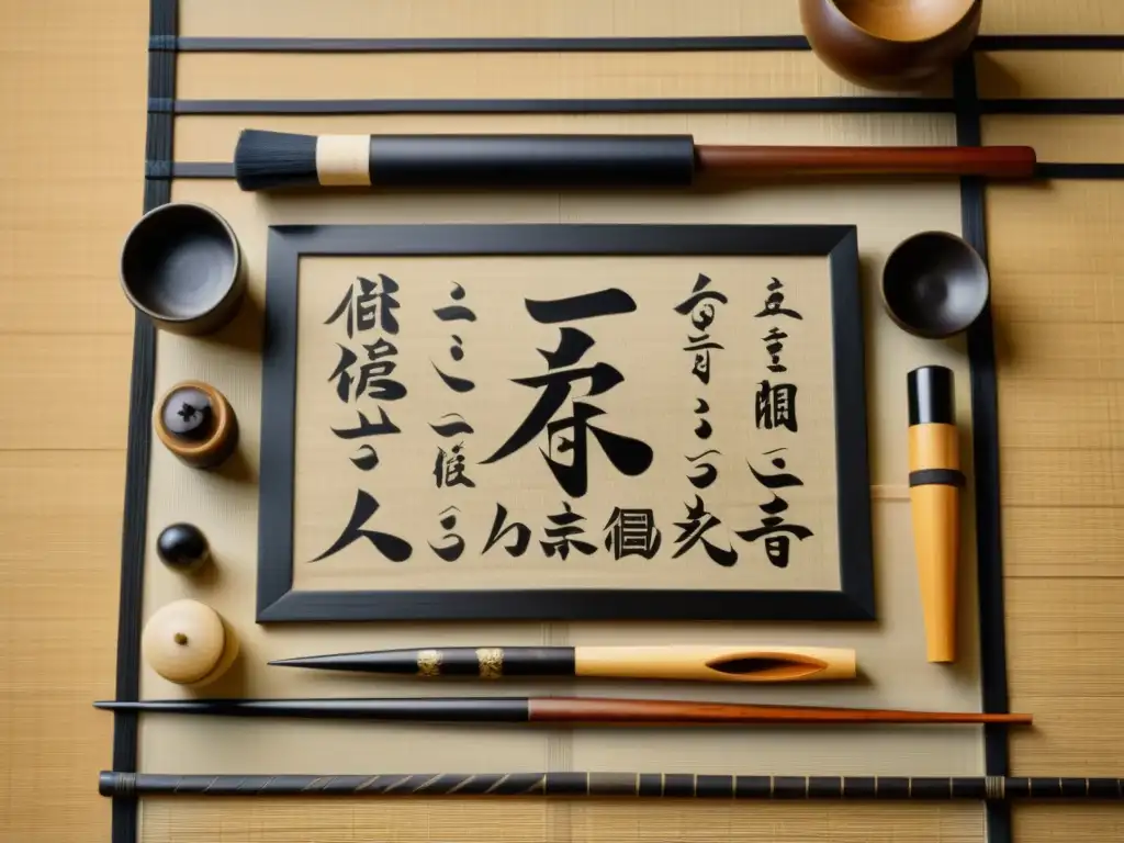 Una imagen vintage de herramientas de caligrafía japonesa en un tatami tradicional