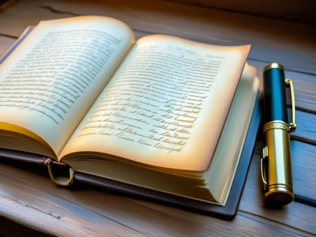 Libro antiguo de cuero con páginas envejecidas y caligrafía Una imagen vintage de un libro de cuero desgastado con páginas amarillentas llenas de escritura antigua