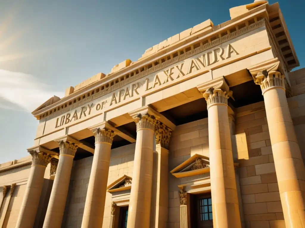 Una imagen vintage de la majestuosa fachada de la Biblioteca de Alejandría, resaltando sus detallados grabados y columnas