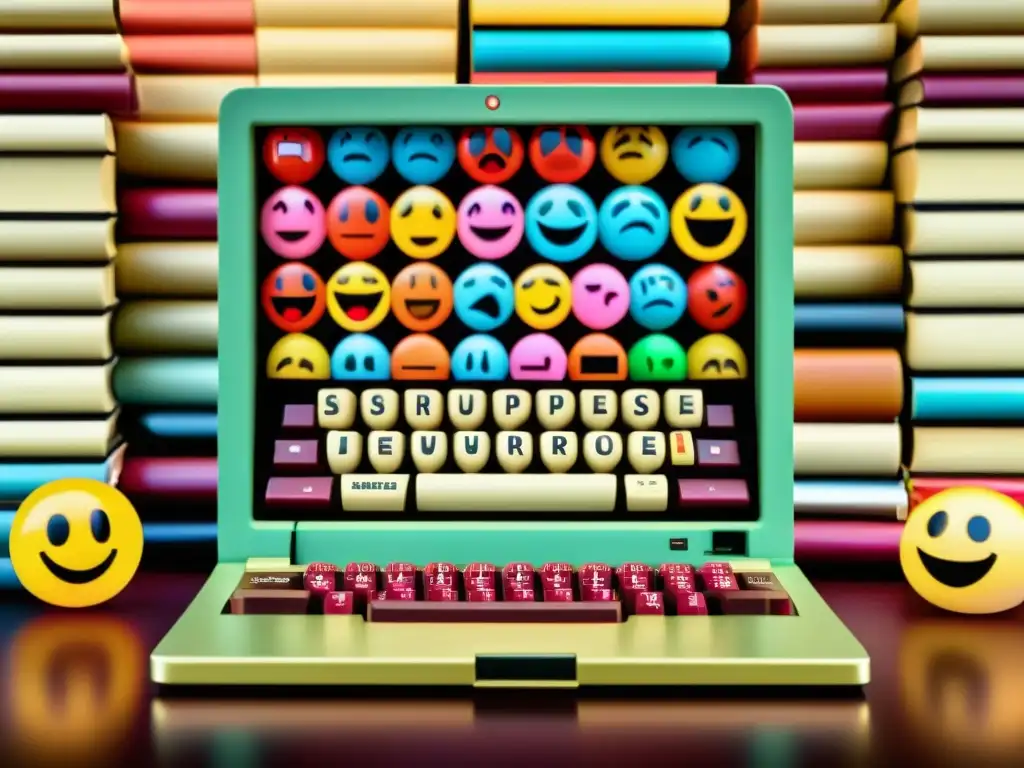 Imagen vintage de pantalla de ordenador repleta de emoticonos coloridos, con reflejo de rostro transmitiendo emociones