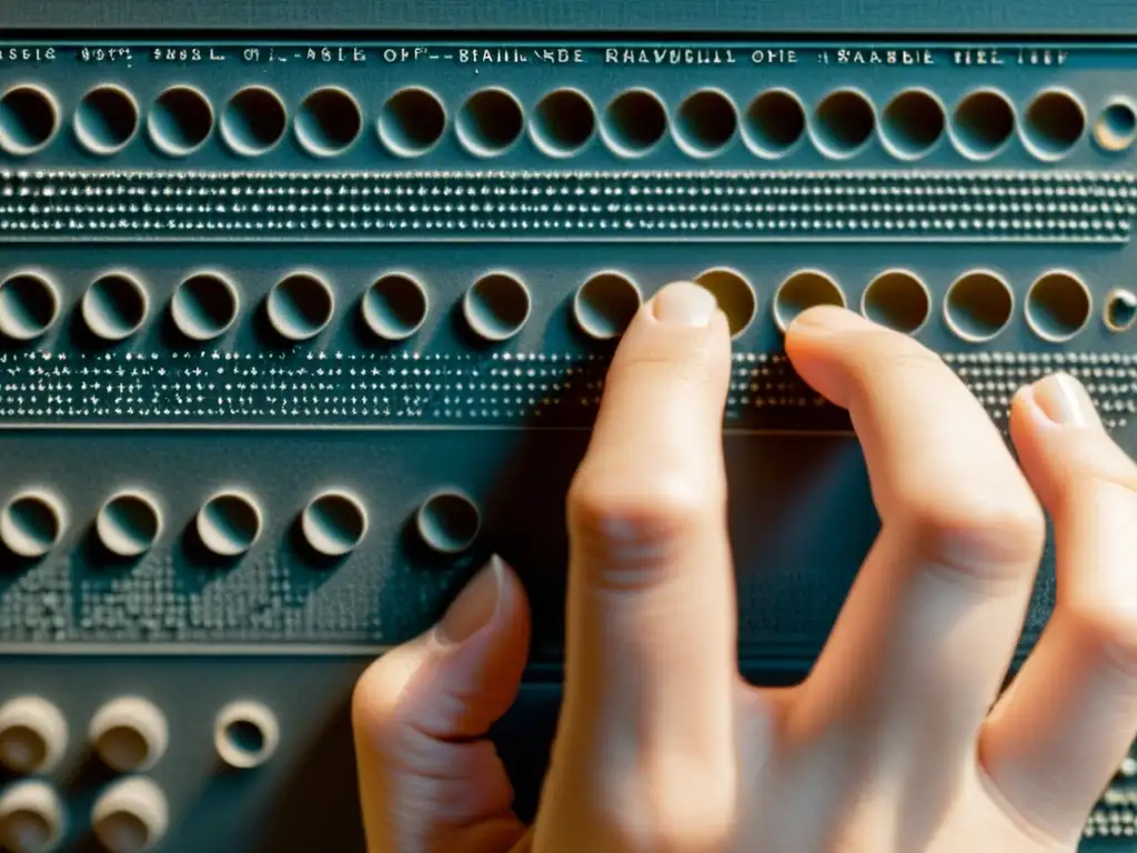 Una imagen vintage en primer plano de una mano leyendo braille, destacando la importancia de la escritura braille para ciegos