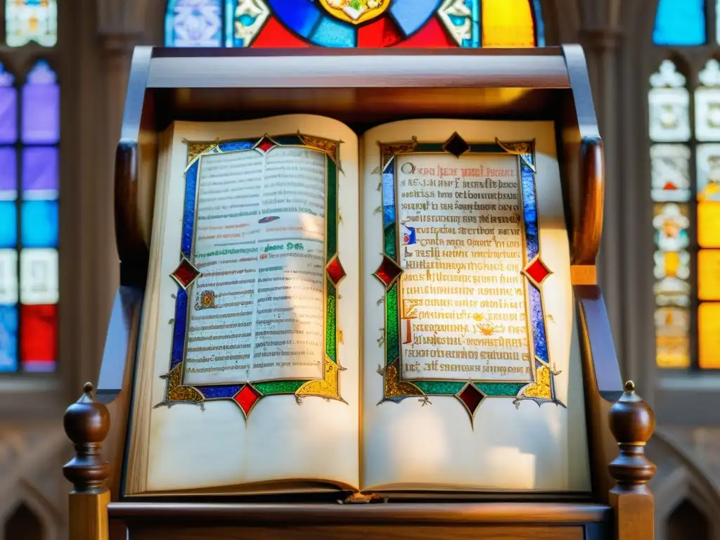 Una impactante imagen de un manuscrito medieval iluminado en un atril de madera, con detalles exquisitos y luz natural que resalta la influencia de los manuscritos medievales en la cultura europea