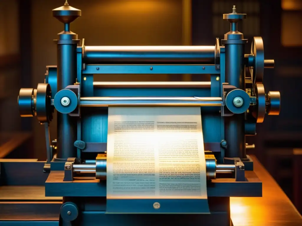 Una imponente prensa de tipografía histórica en un museo, iluminada con una cálida luz vintage, evocando historia y artesanía