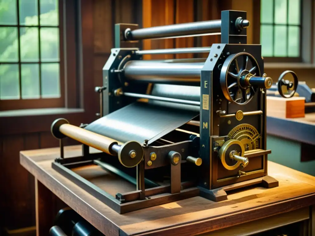 Una fotografía vintage de una imprenta histórica, detallando sus componentes y evocando reverencia por las tipografías históricas en museos