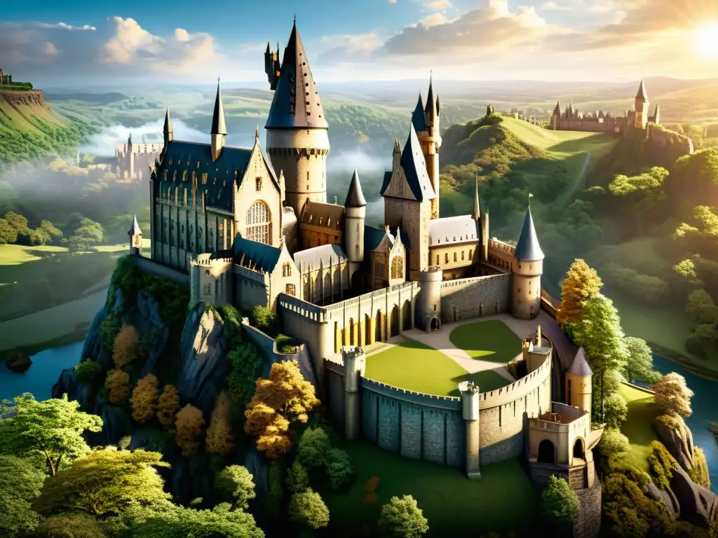 Un impresionante dibujo del castillo de Hogwarts, con detalles intrincados y símbolos adornando las paredes y torres