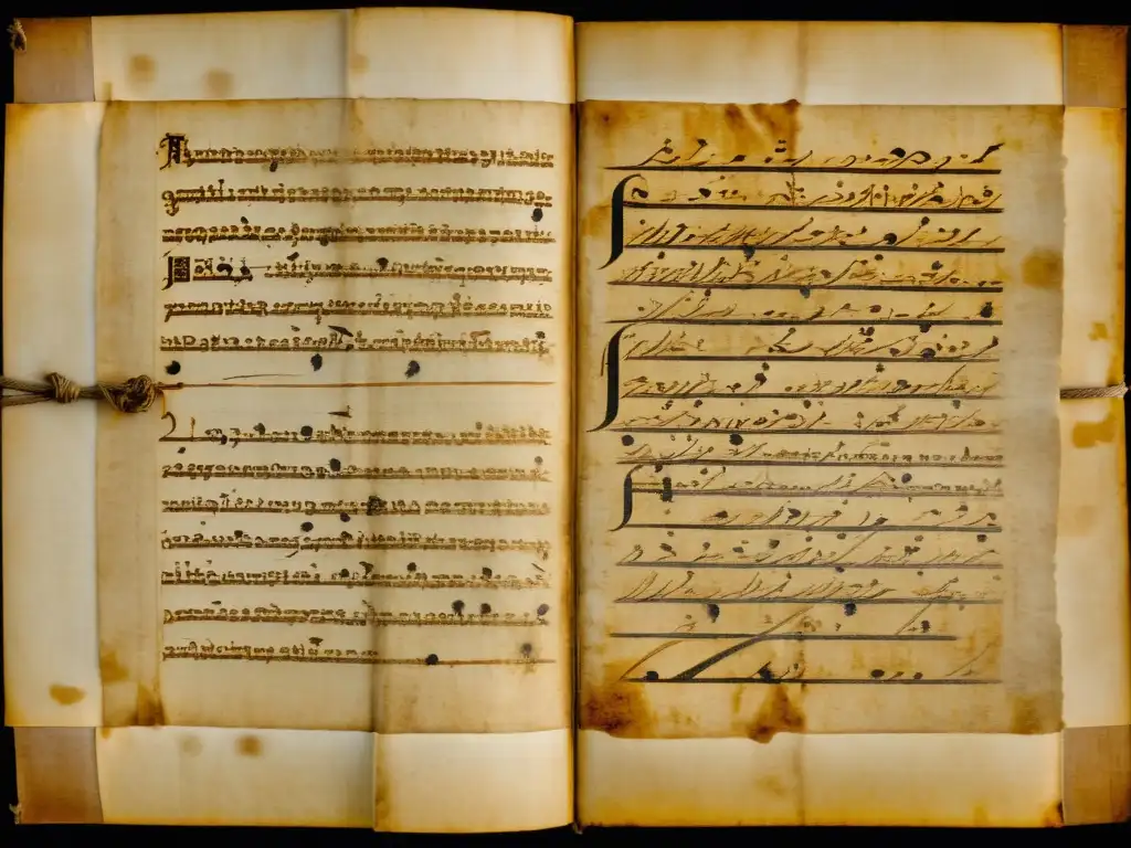 Una impresionante imagen de un antiguo manuscrito desgastado con caligrafía delicada y detalles intrincados