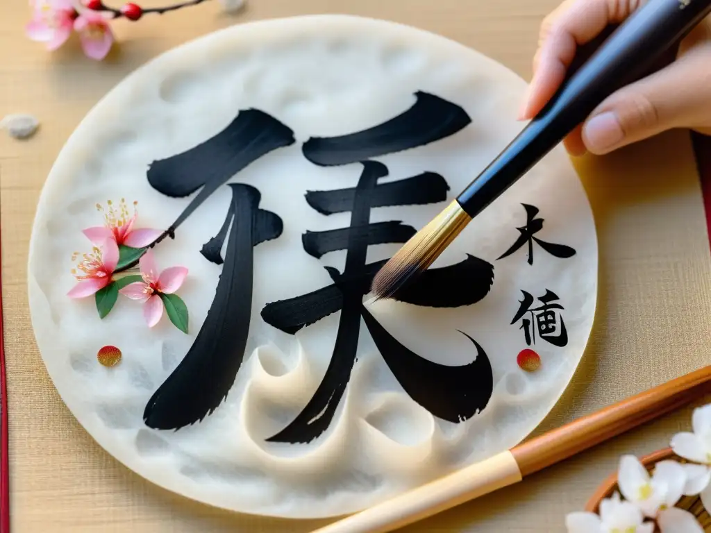 Una impresionante pintura de un Kanji japonés rodeado de elementos culturales, como sakuras y un bonsái, con la palabra clave 'Claves para descifrar Kanji radicales'