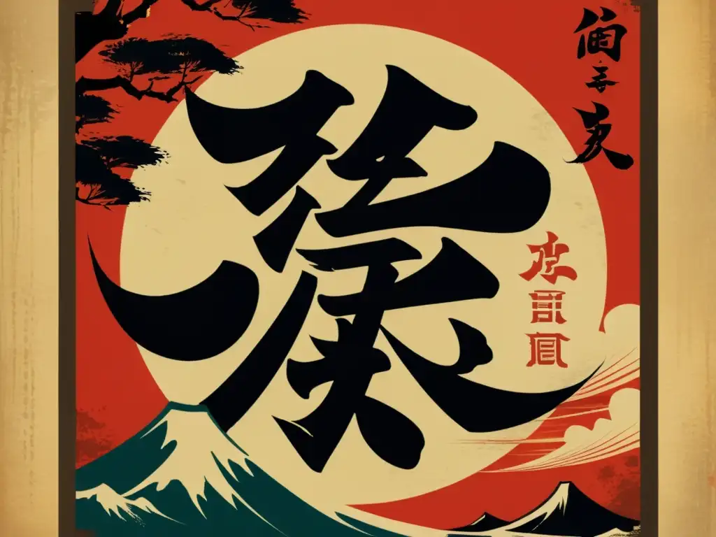 Un impresionante póster vintage de cine con caligrafía kanji, evocando la elegancia y el significado cultural de las películas