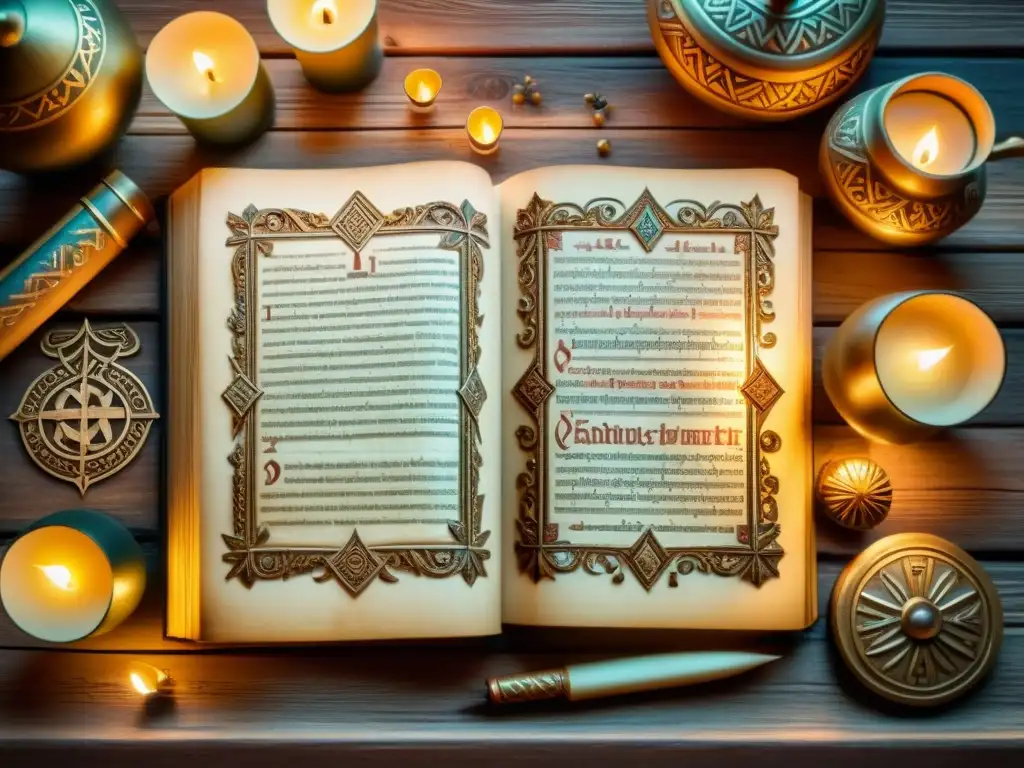 Una impresionante ilustración vintage en 8k de antiguos manuscritos eslavos, iluminados por velas, mostrando sistemas de escritura eslavos