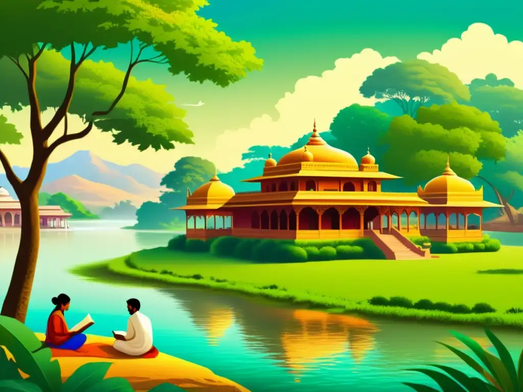 Una ilustración vintage de India antigua, con exuberante naturaleza, arquitectura tradicional y figuras dedicadas a la poesía y la escritura