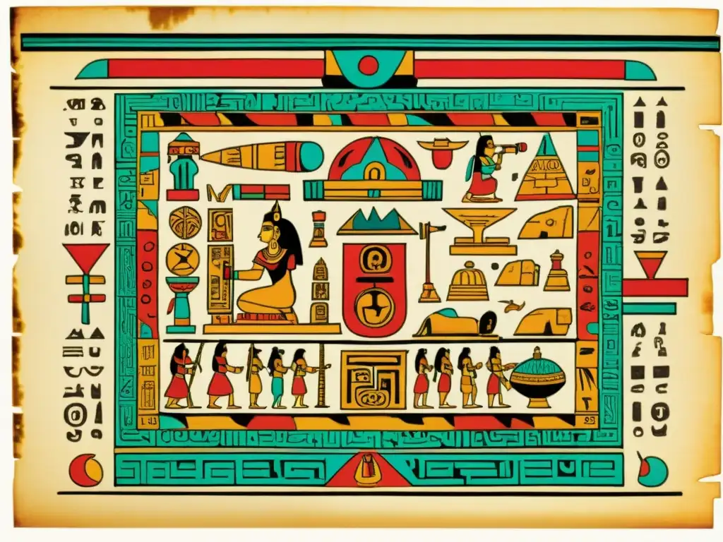 Influencia de la escritura maya: Una impresionante ilustración vintage de un bien conservado códice maya, con intrincados jeroglíficos y colores vibrantes que representan escenas de la vida diaria, rituales religiosos y conocimiento astronómico