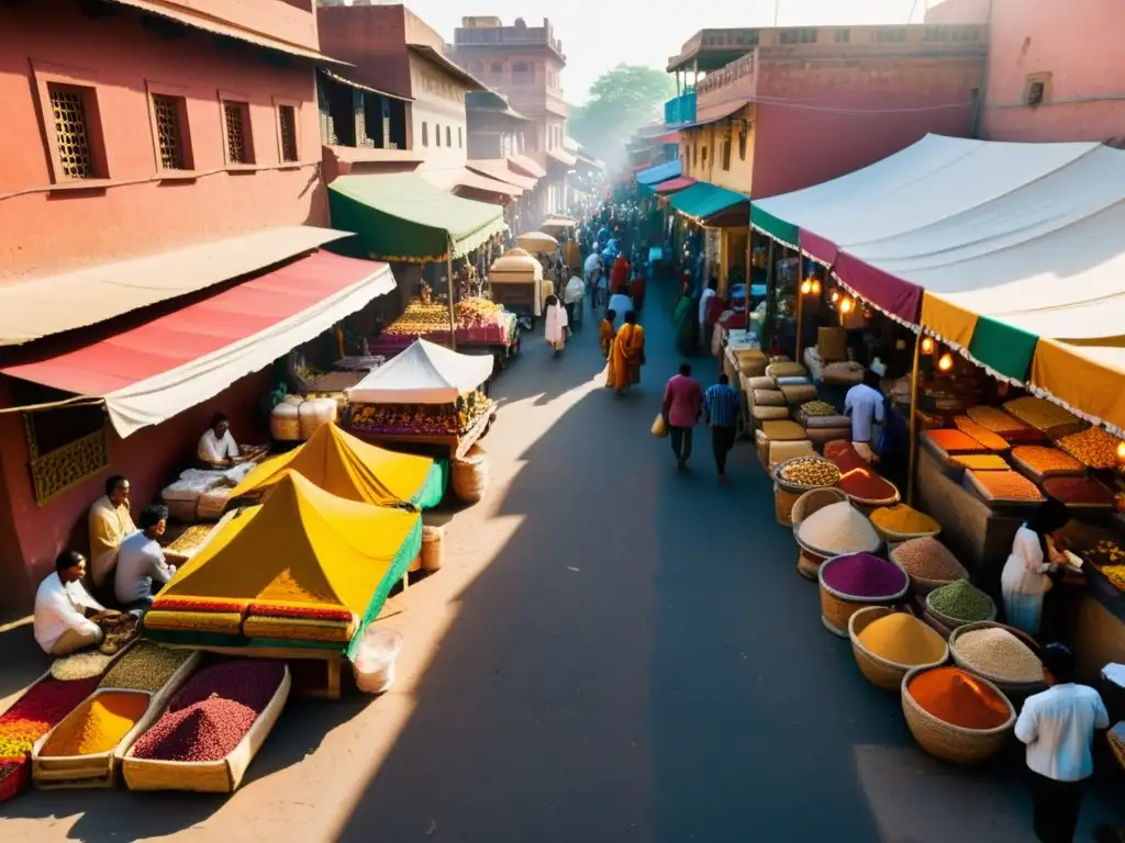 Influencia del Prácrito en India: Mercado indio bullicioso con edificaciones coloridas y vendedores callejeros ofreciendo especias y textiles