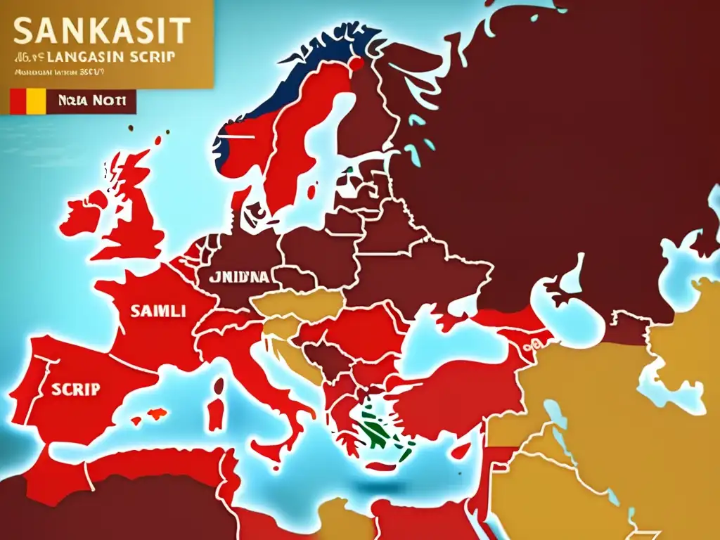 Influencia del sánscrito en lenguas europeas: Detalles de scripts sánscrito y europeos, mapas y colores vibrantes