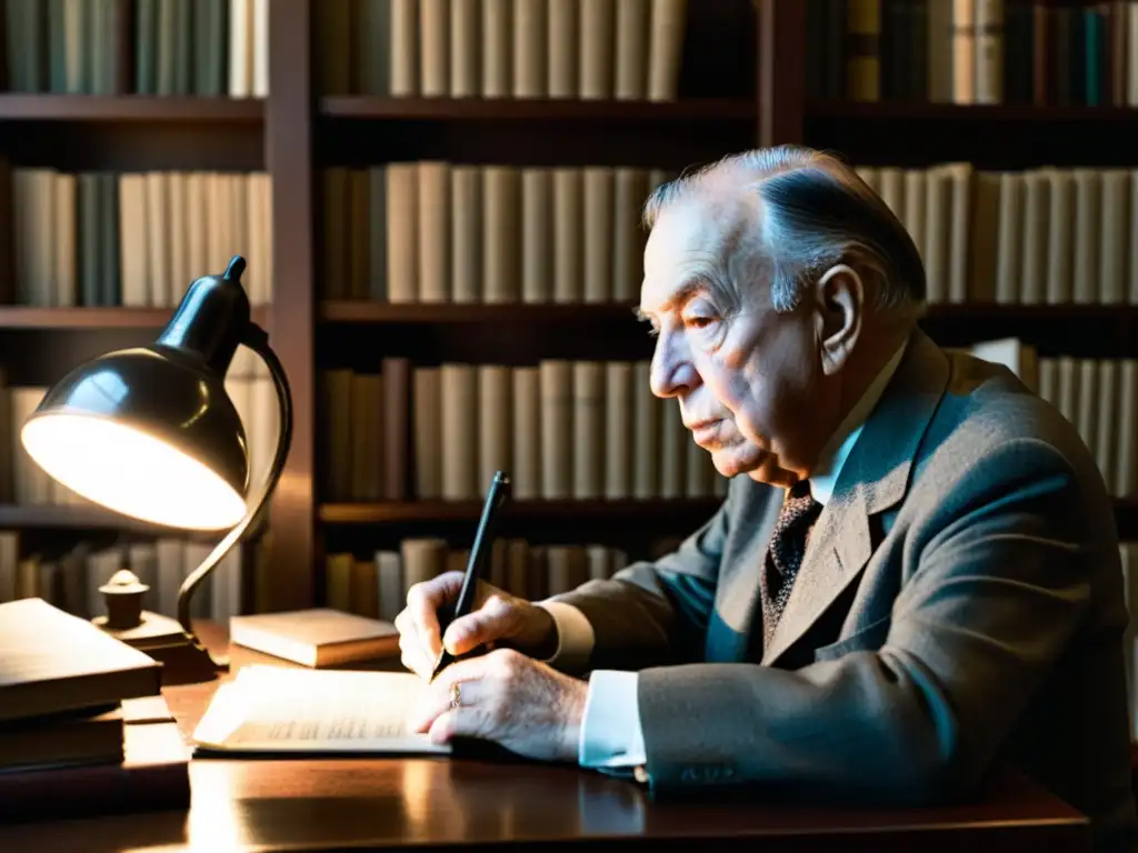 Jorge Luis Borges, inmerso en la escritura en una biblioteca tenue