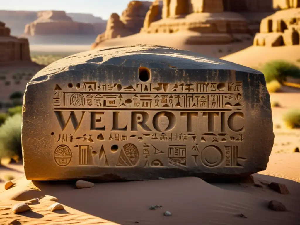 Inscripción meroítica: Misterio en la piedra Inscripción meroítica en monumento de piedra en el desierto, resaltando la misteriosa lengua perdida
