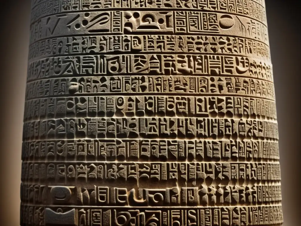 Inscripciones cuneiformes famosas mundo en la estela de Hammurabi: detalle de la antigua escritura sobre piedra