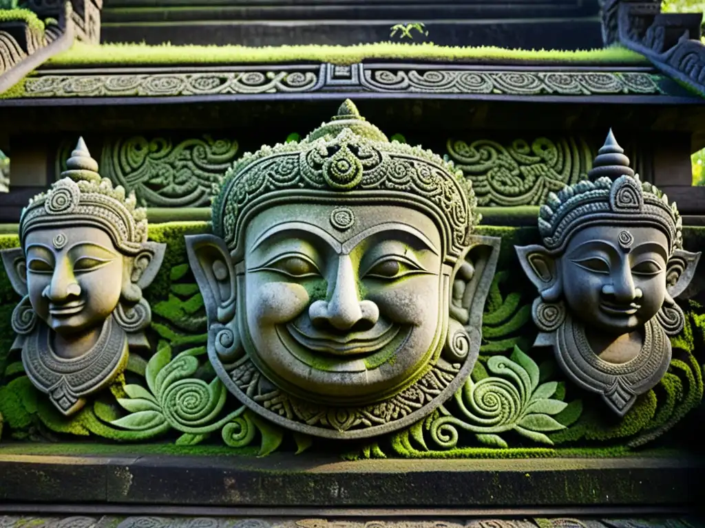 Inscripciones sagradas y cultura de Bali: Detalles tallados en piedra en un templo balinés, envejecidos pero llenos de historia y belleza natural