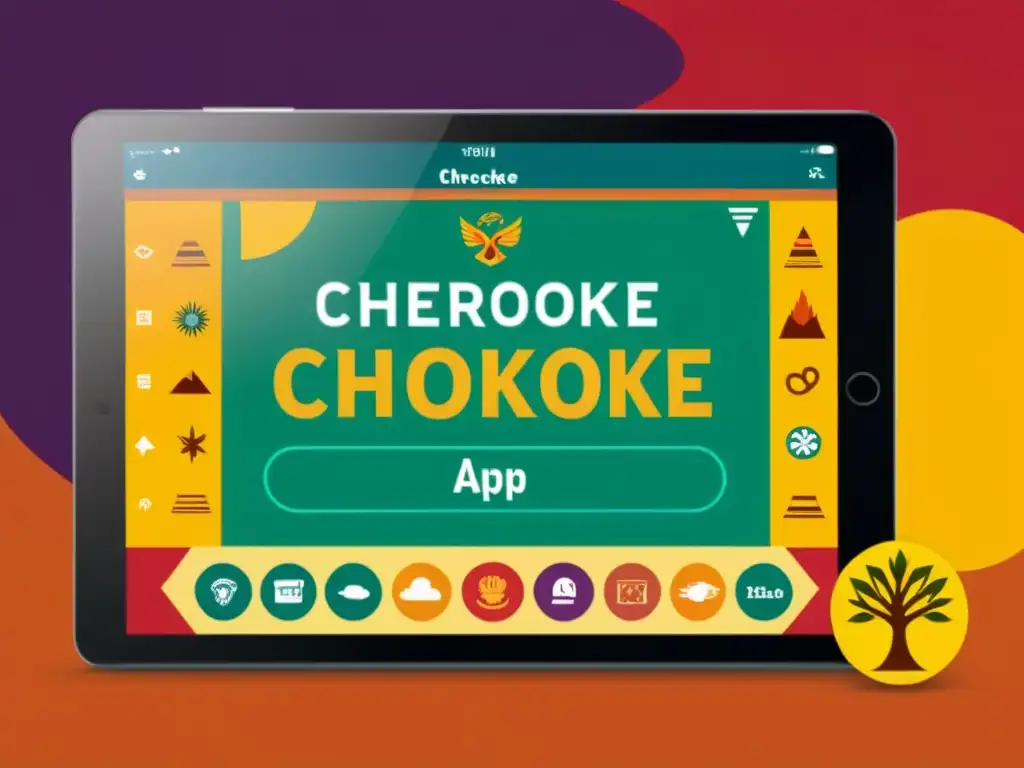 Interfaz de aplicación móvil para aprender el idioma Cherokee, con arte tradicional, colores vibrantes y diseño intuitivo