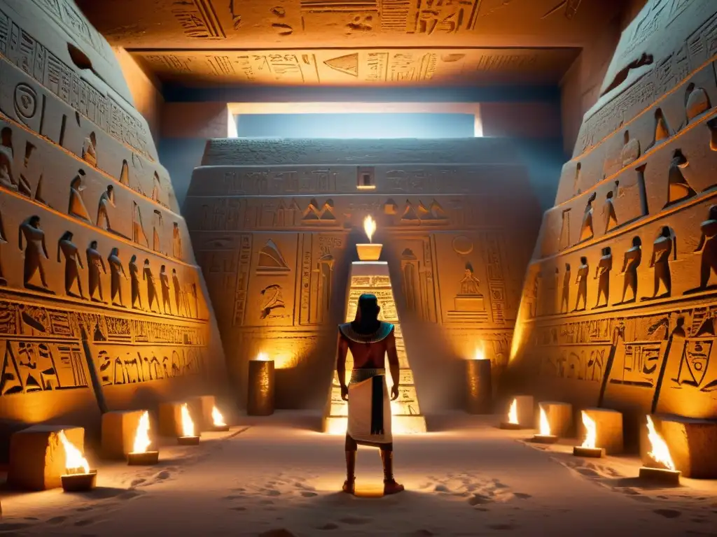 Interior de la pirámide egipcia iluminado por antorchas, con hechizos antiguos Egipto pirámides