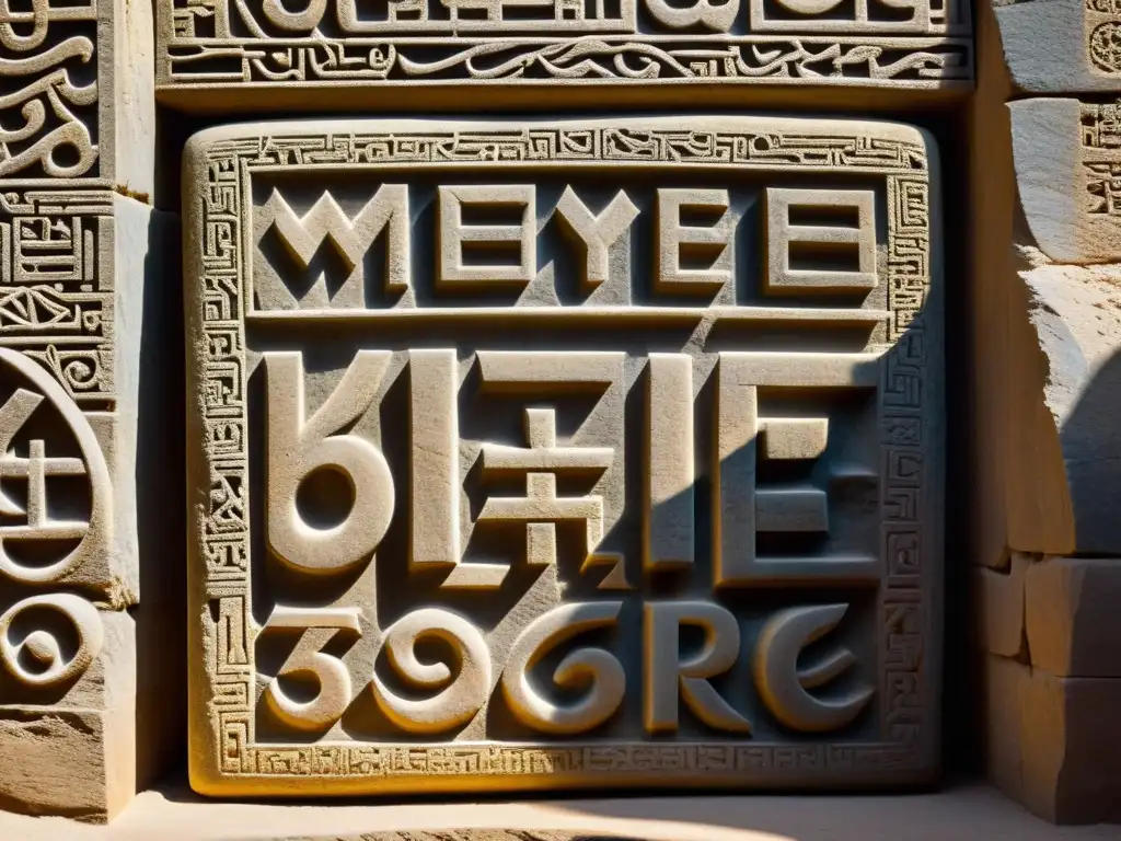 Intrigante escritura ancestral Meitei Mayek tallada en piedra, evocando la riqueza cultural de Manipur