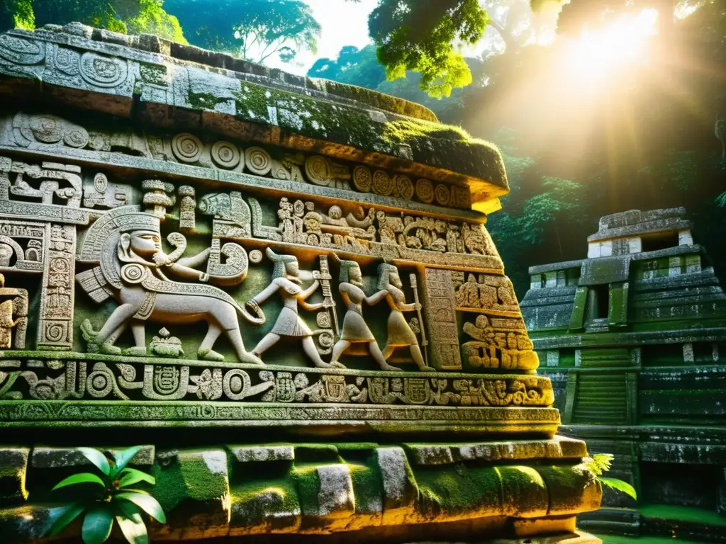 Intrincados códigos de Palenque en arqueología, tallados en piedra antigua, iluminados por cálida luz dorada en la selva