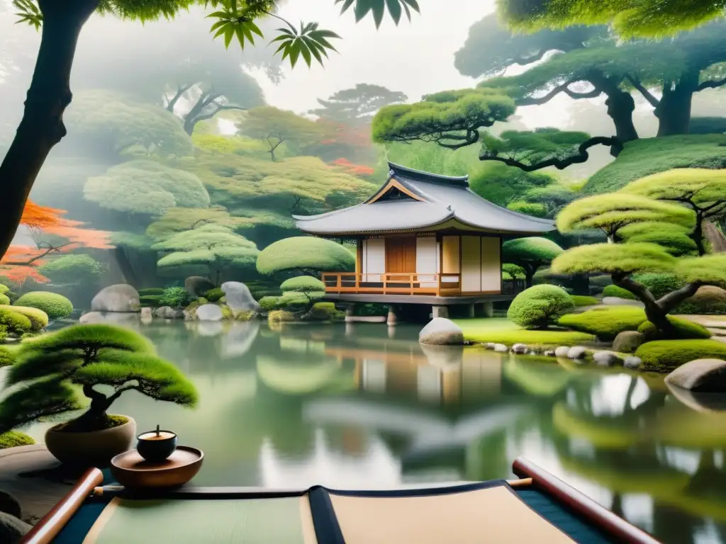 Un jardín japonés sereno con una casa de té de madera tradicional, rodeado de exuberante vegetación y un estanque tranquilo