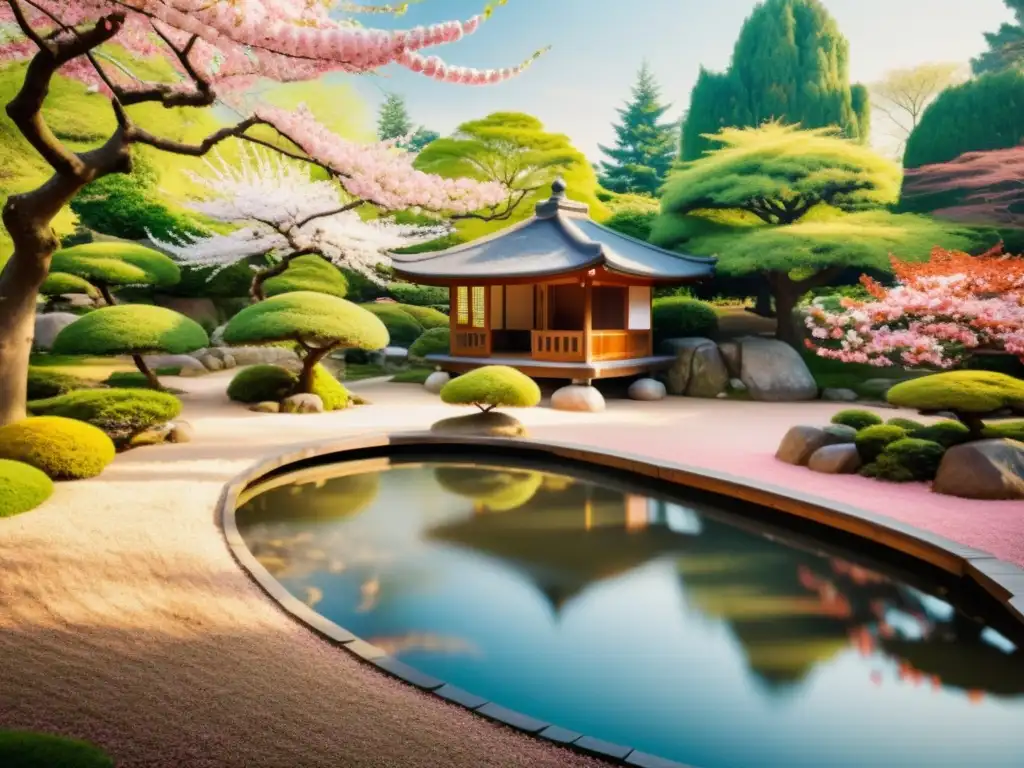 Un jardín japonés sereno con una casa de té tradicional entre cerezos en flor