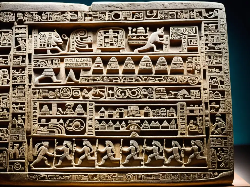 Reconstrucción jeroglíficos tecnología 3D: Antigua tableta maya con intrincadas inscripciones, iluminada por la suave luz natural