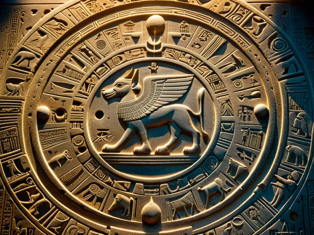 Jeroglíficos y astronomía egipcia interpretados en detallada imagen de la Dendera zodiac, iluminada en cálida luz vintage