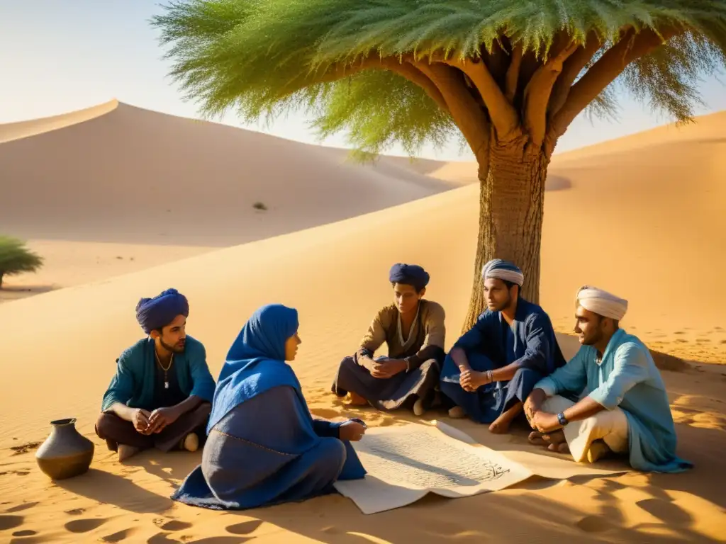 Jóvenes Tuareg escribiendo el sistema de escritura Tifinagh bajo un árbol en el desierto