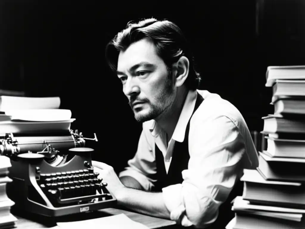 Julio Cortázar en su escritorio, rodeado de libros y papeles, sumergido en profundos pensamientos creativos bajo la luz tenue de una lámpara