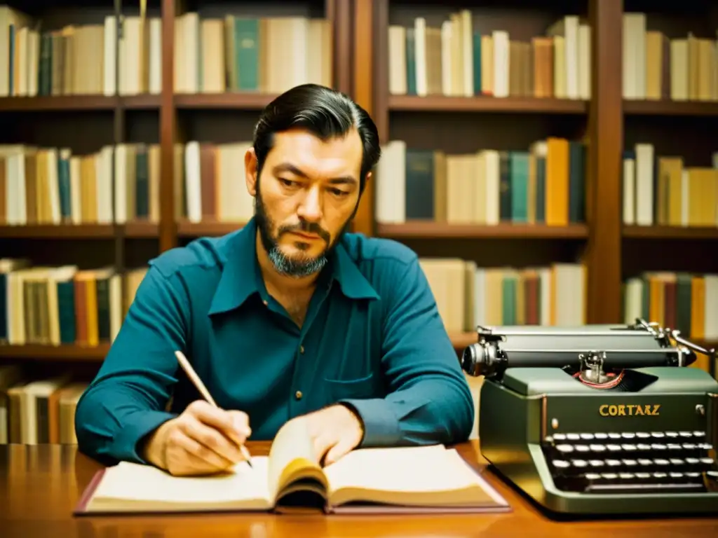 Julio Cortázar inmerso en la creación literaria, rodeado de libros y símbolos culturales en una atmósfera vintage