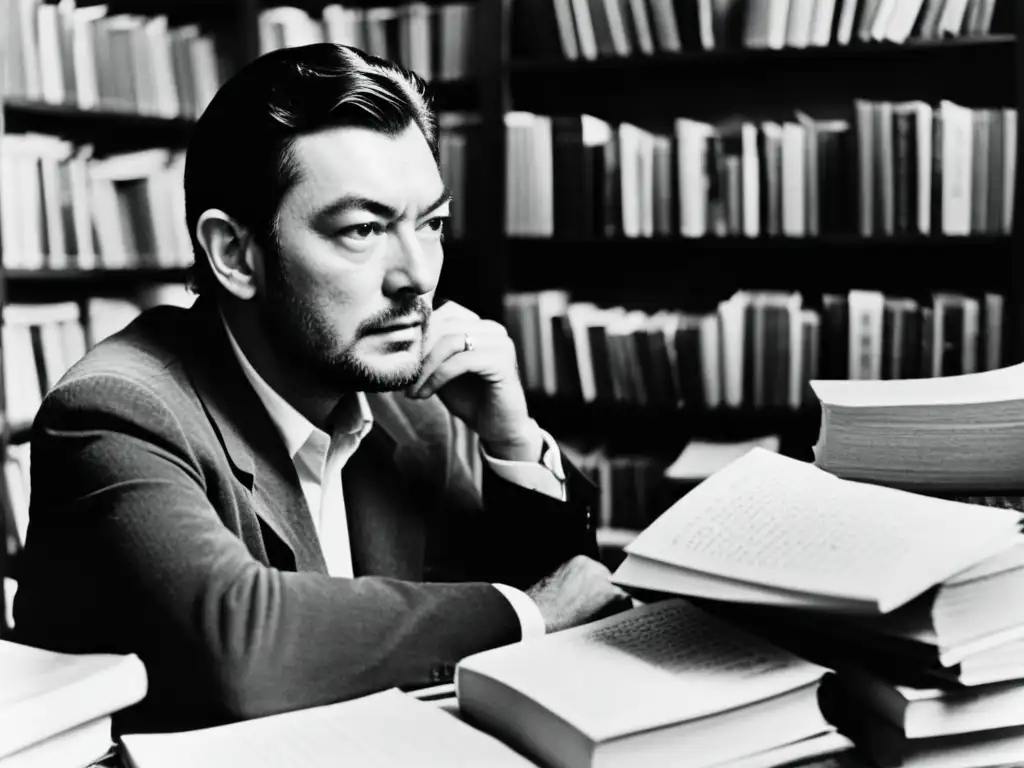 Julio Cortázar inmerso en su mundo literario, rodeado de libros y papeles