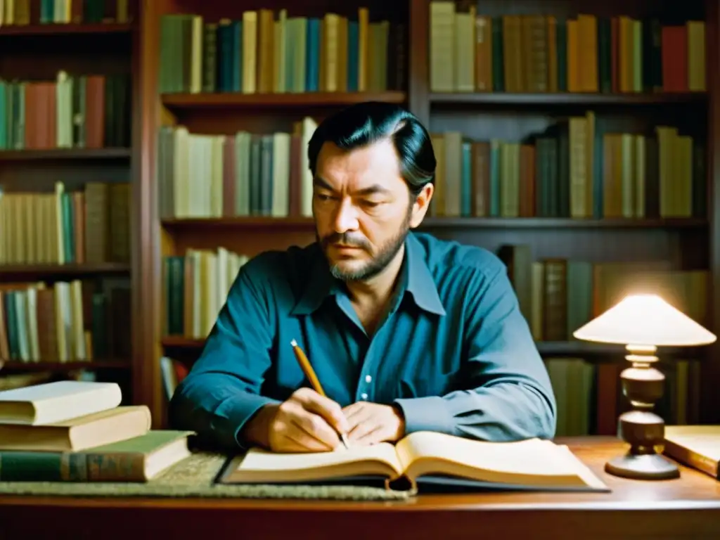 Julio Cortázar inmerso en su proceso creativo, rodeado de libros y símbolos culturales en una atmósfera de elegancia atemporal