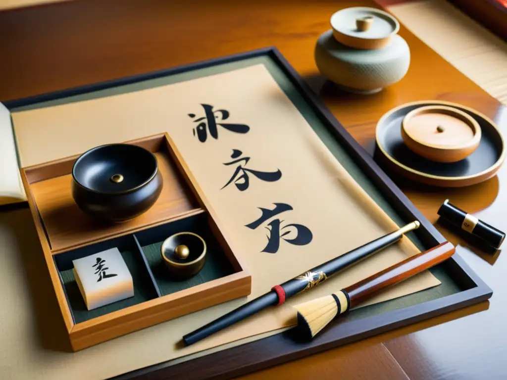 Un kit de caligrafía japonesa con elementos tradicionales: tinta, pincel, papel washi y caracteres Kana y Kanji