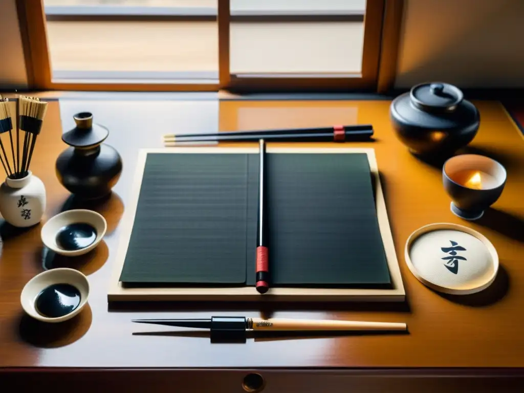 Kit de caligrafía japonesa Kana Kanji en mesa lacada con luz natural