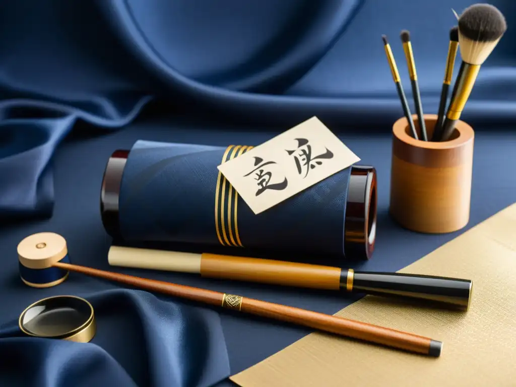 Kit de caligrafía japonesa Kana Kanji en elegante entorno de seda indigo y oro, resaltando su belleza atemporal