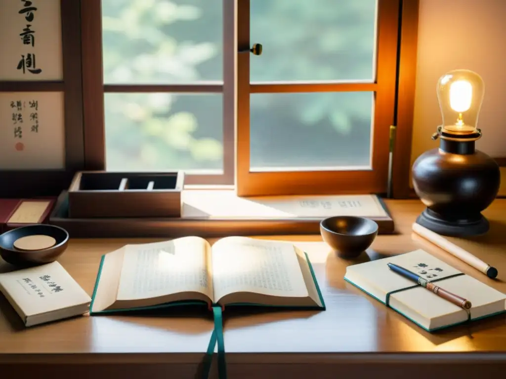 Kit completo para aprender coreano en un ambiente acogedor con libros, tarjetas de memoria y una pluma y tintero tradicional coreano