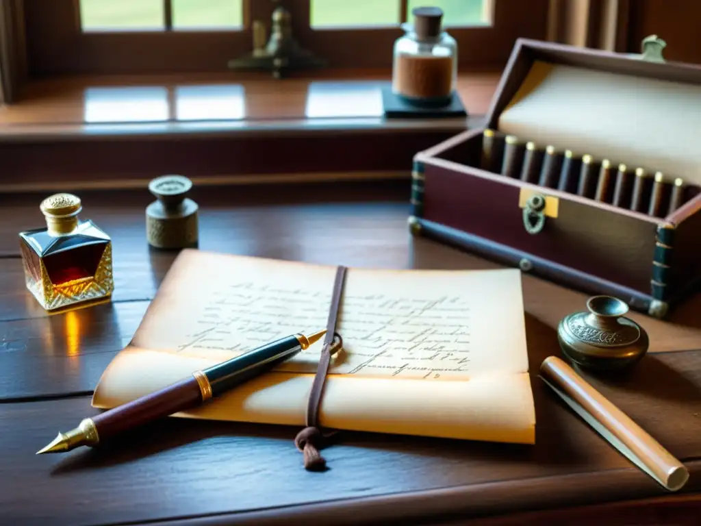 Kit de escritura antiguo con cuaderno de piel en escritorio de madera, pluma de ave, tintero y sello de cera