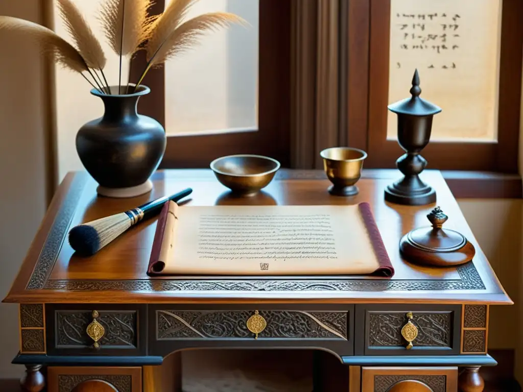 Kit de herramientas de escritura hebrea, con escritorio de madera antiguo, pinceles y pergaminos bien conservados, bañados por la cálida luz del sol