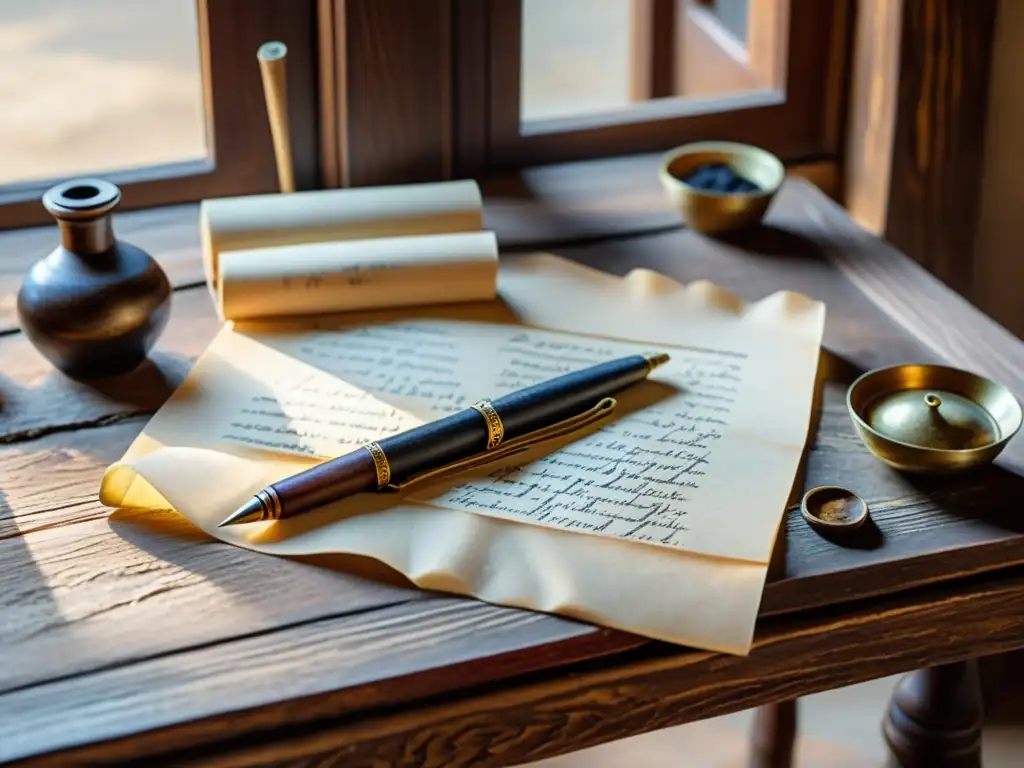 Dos kits de aprendizaje de escritura armenio antiguo, con pergamino, plumas y tinteros, sobre una mesa de madera envejecida, bañados por luz natural